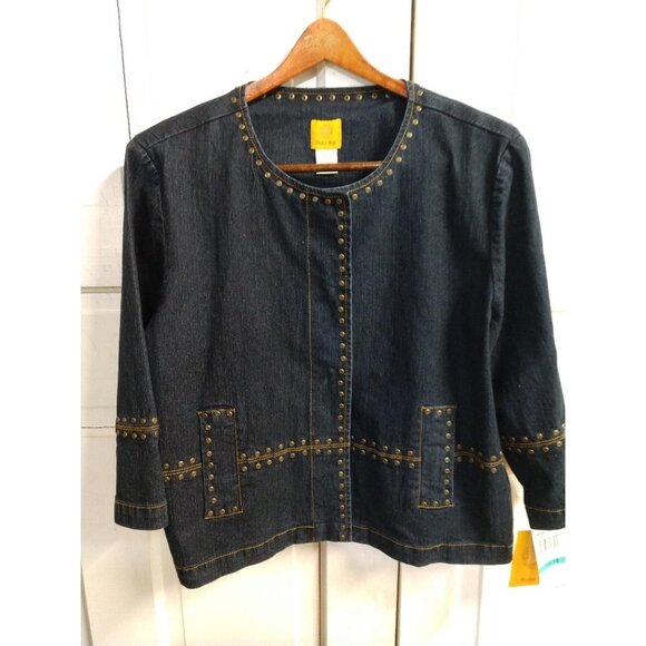 Ruby Rd. Womens Denim Jacket W/ Gold Stud Accents Long Sleeves Size 16 Ramie Ble - Picture 1 of 8